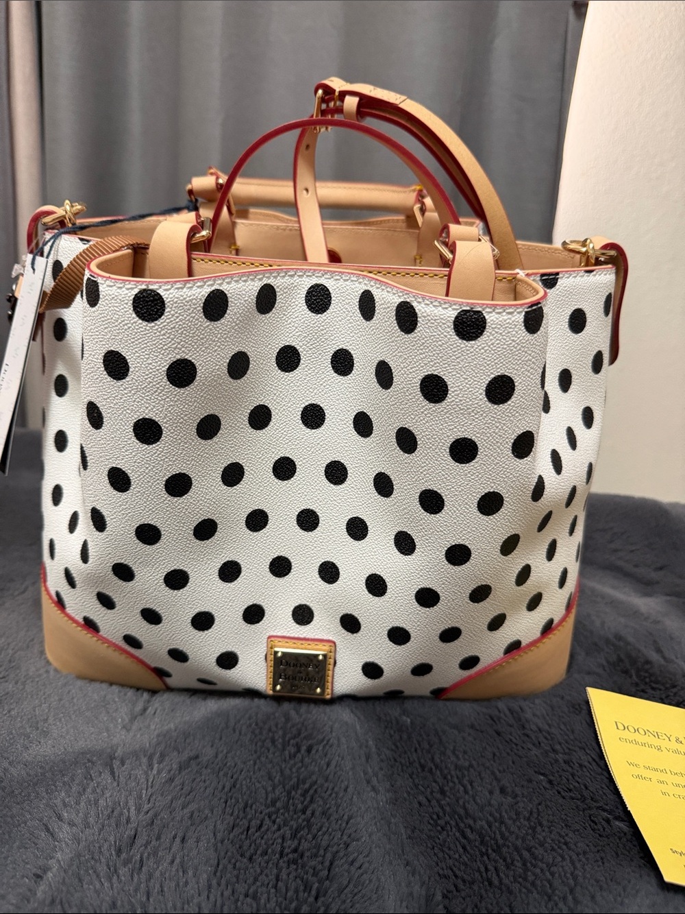 Dooney & Bourke White Black Polka Dot Pebble Leather Tote with Tan Trim